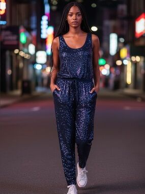 NWT Style Rack Sequin Navy Tank Jumpsuit Sz Medium